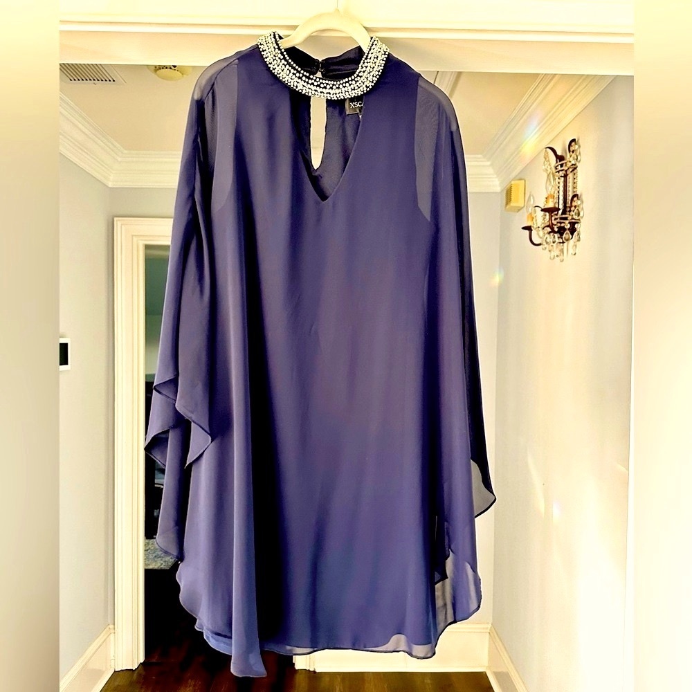 Xscape Women's Short Navy Dress Chiffon Overlay and Bead Choker Neck Size 16 EUC - Picture 3 of 10